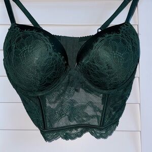 EUC Victoria’s Secret lacey push-up corset top in deep forest green. 36D